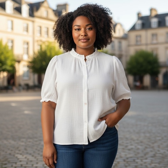 CASLON White Gauze Ruffle Collar Puff Sleeve Button Up Shirt Top 3X - Picture 1 of 10